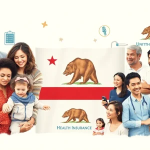 Diverse families and individuals with healthcare symbols in California.