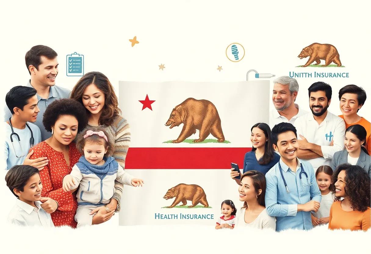 Diverse families and individuals with healthcare symbols in California.