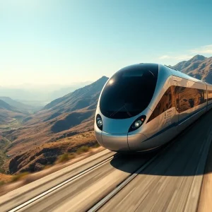 Futuristic high-speed train traveling through California landscape