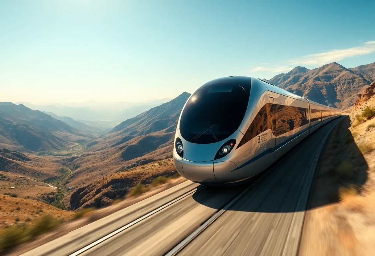 Futuristic high-speed train traveling through California landscape