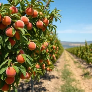 Peach trees in a California farm during harvest season