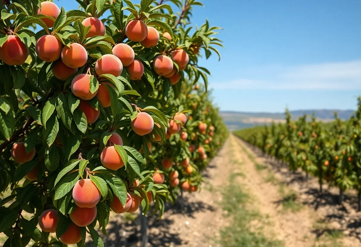 Peach trees in a California farm during harvest season