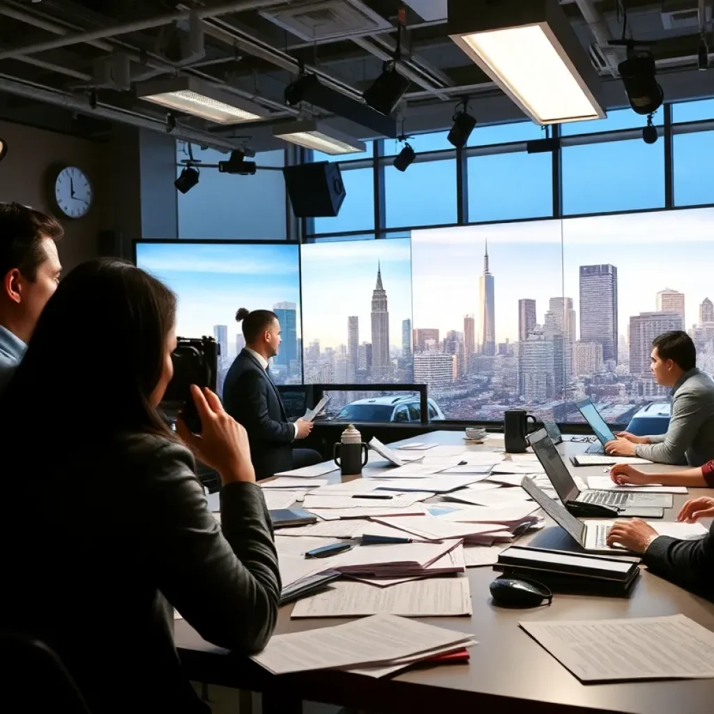 A vibrant newsroom filled with journalists working on California news.