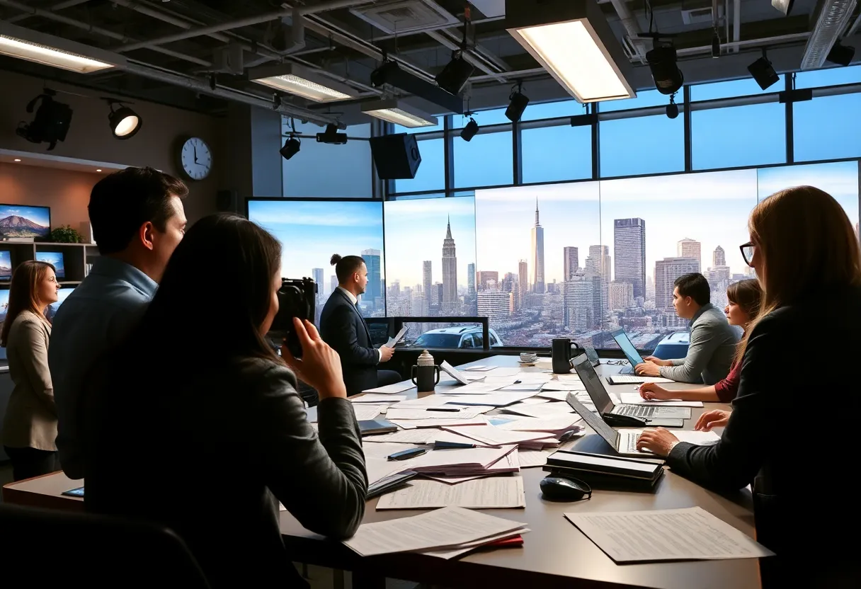 A vibrant newsroom filled with journalists working on California news.