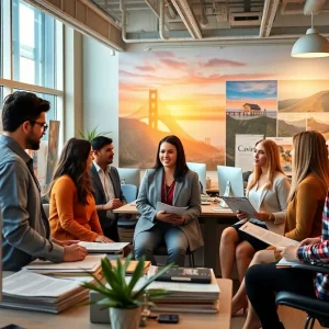 Editorial team of The California Post discussing news in a vibrant office.