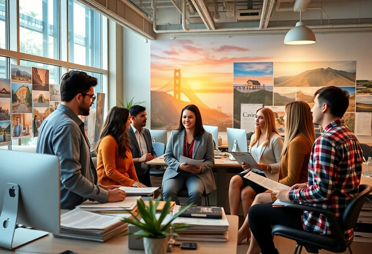 Editorial team of The California Post discussing news in a vibrant office.