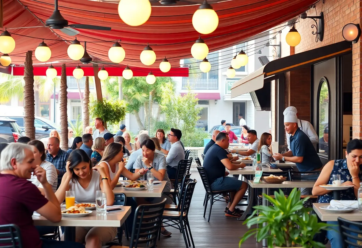 Diverse patrons enjoying meals at a California restaurant.