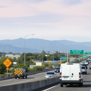 Traffic congestion in California with construction signs
