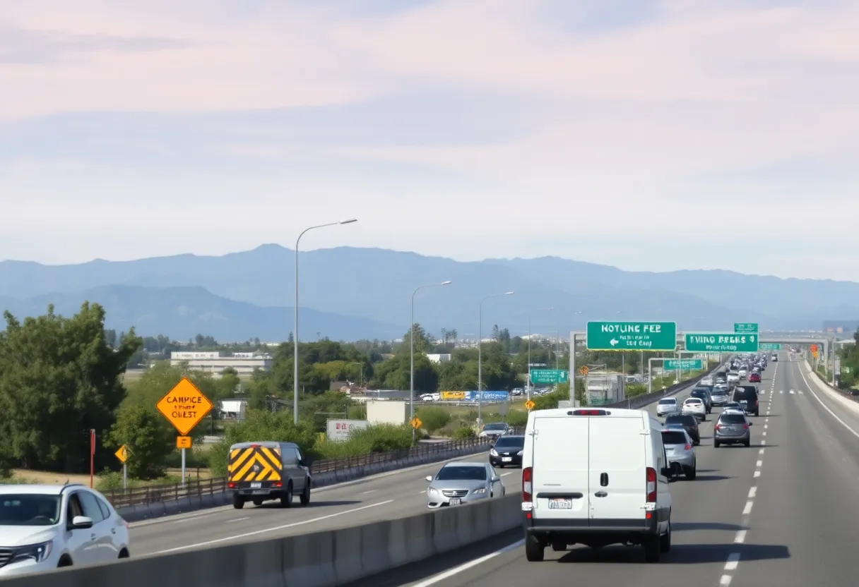 Traffic congestion in California with construction signs