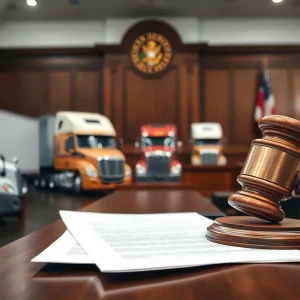 Courtroom scene about California truck emissions lawsuit