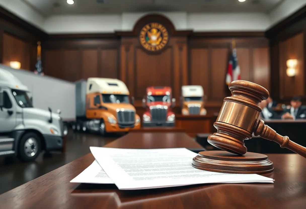 Courtroom scene about California truck emissions lawsuit