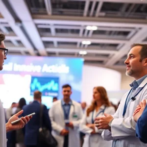Healthcare professionals at a conference discussing cardiovascular innovations