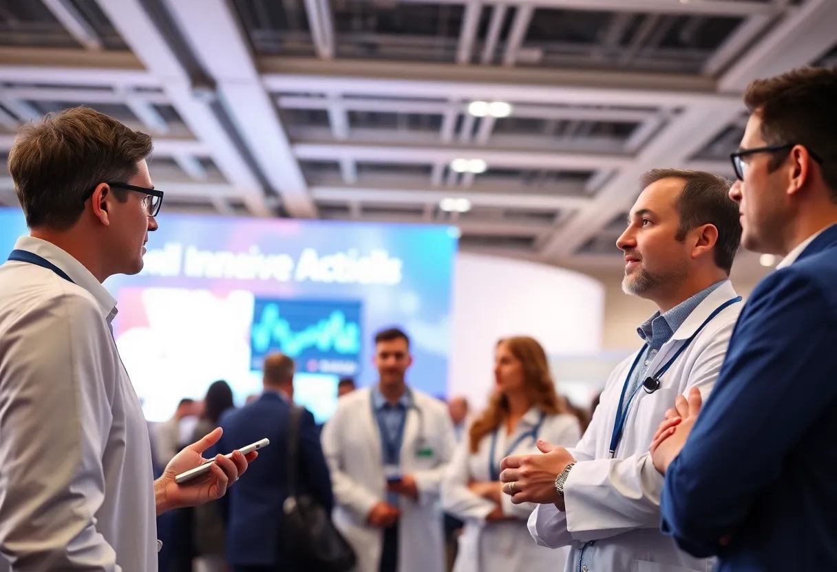 Healthcare professionals at a conference discussing cardiovascular innovations