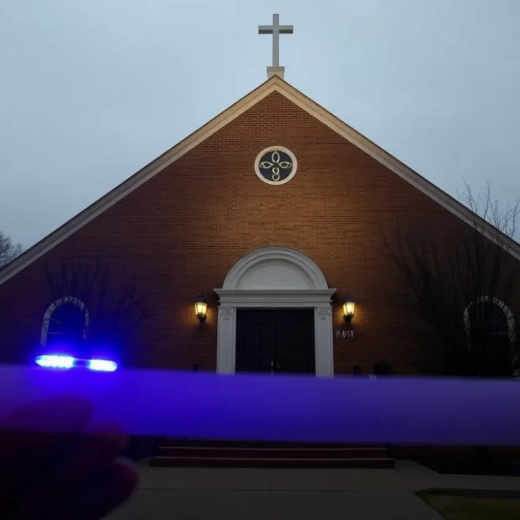 Church building with police lights nearby, symbolizing community safety concerns.
