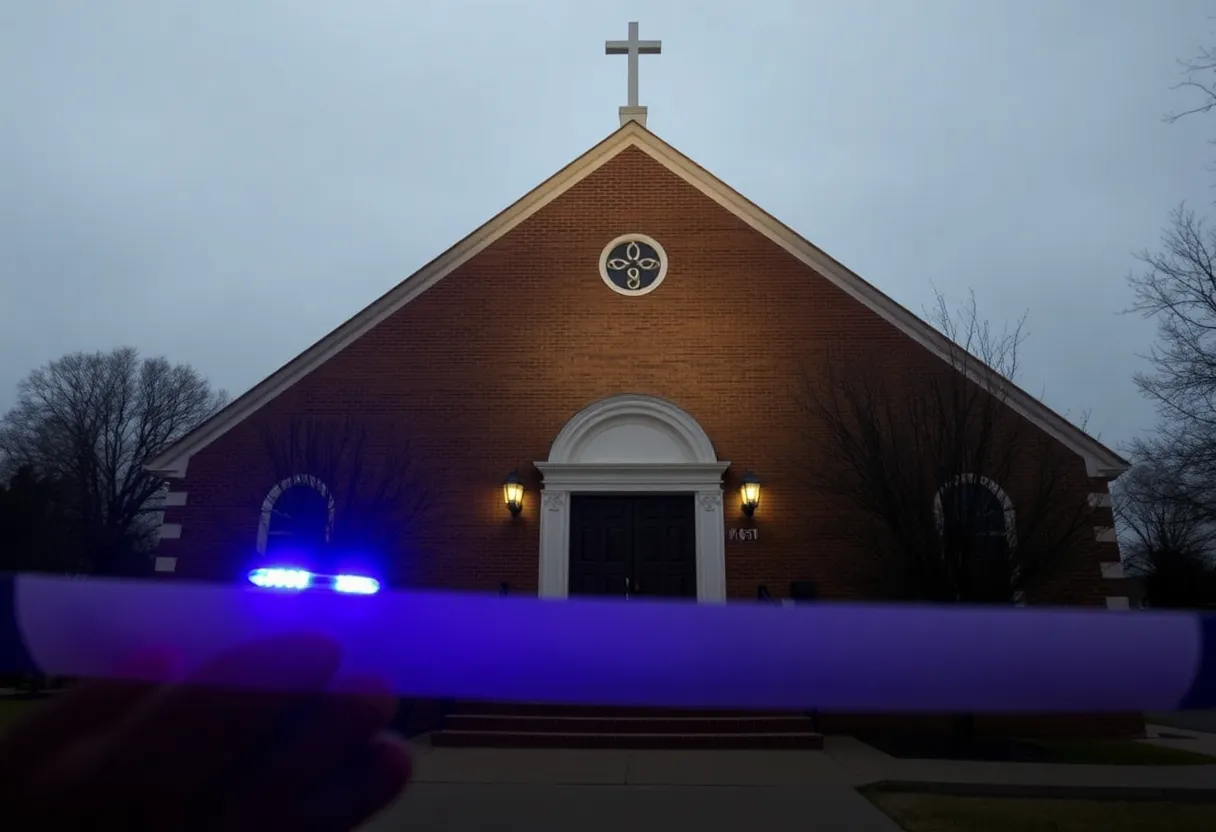 Church building with police lights nearby, symbolizing community safety concerns.
