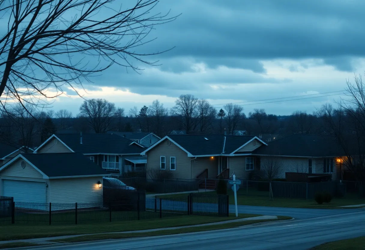 Somber neighborhood scene representing domestic violence issues