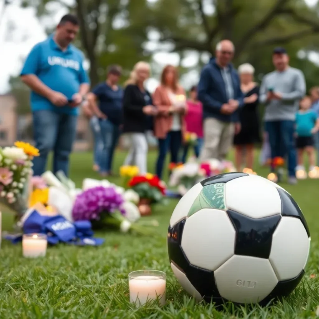 Community members gather for a memorial honoring a young soccer player.