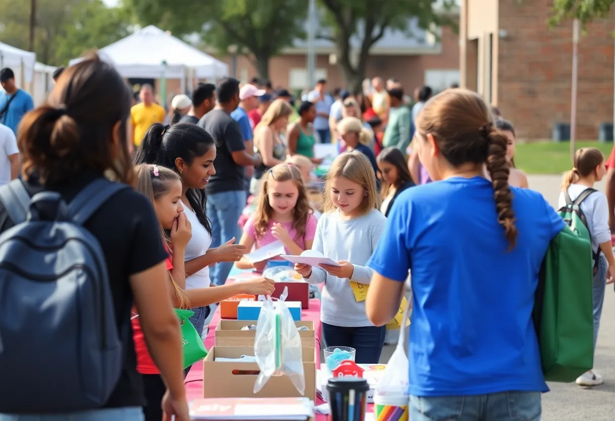 Families enjoying the Costa Mesa back-to-school expo with various vendors and activities.