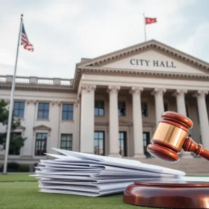 Costa Mesa City Hall with legal documents in the foreground