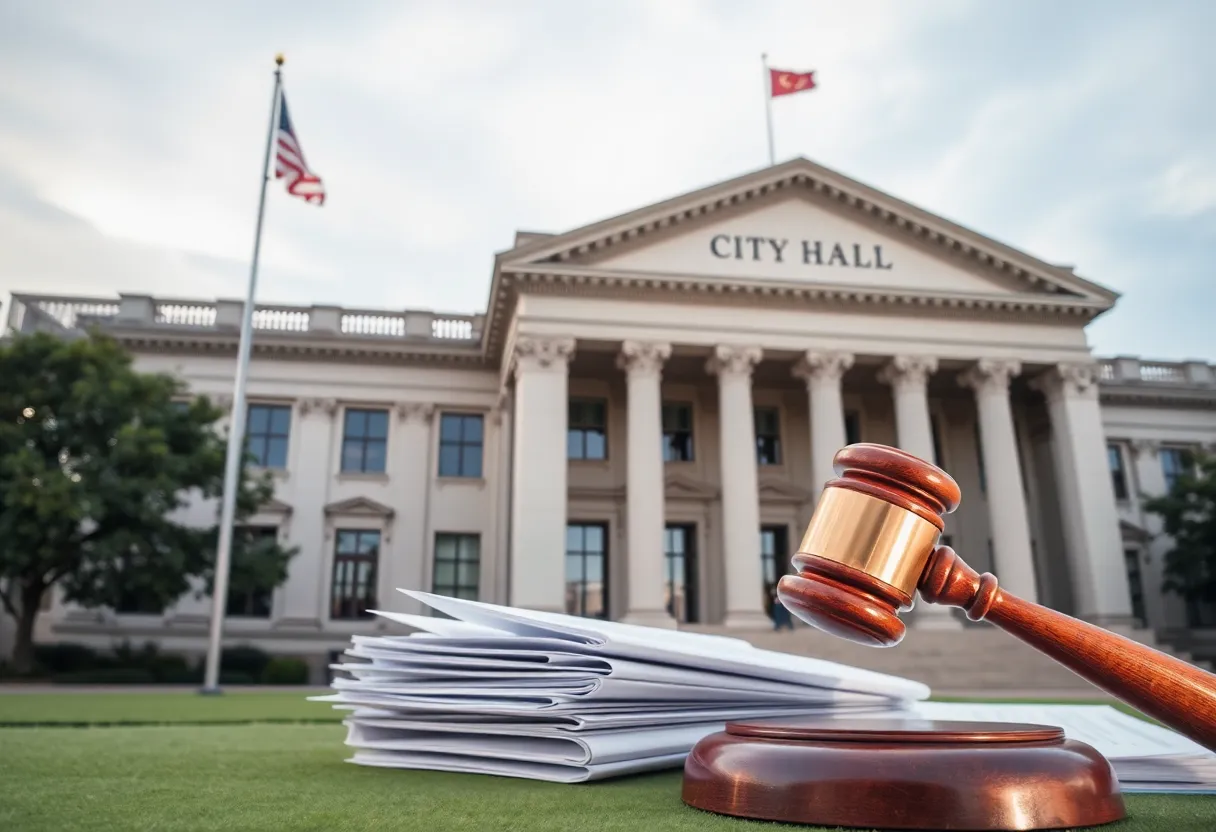 Costa Mesa City Hall with legal documents in the foreground