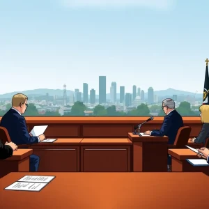 Courtroom scene about California emissions reporting laws
