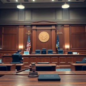 A courtroom representation highlighting the themes of copyright and artificial intelligence.