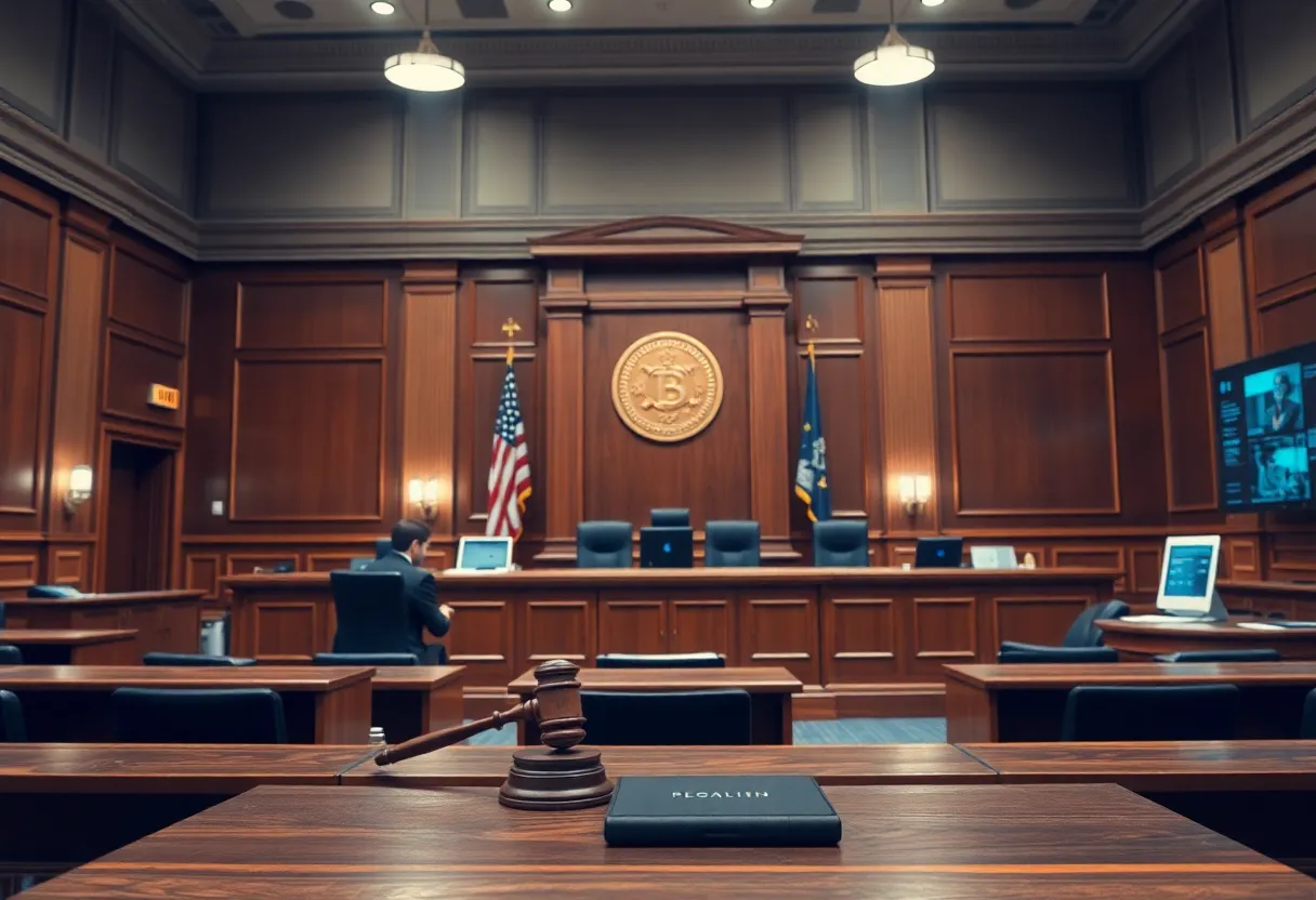 A courtroom representation highlighting the themes of copyright and artificial intelligence.