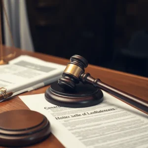 Courtroom scene with legal documents and gavel