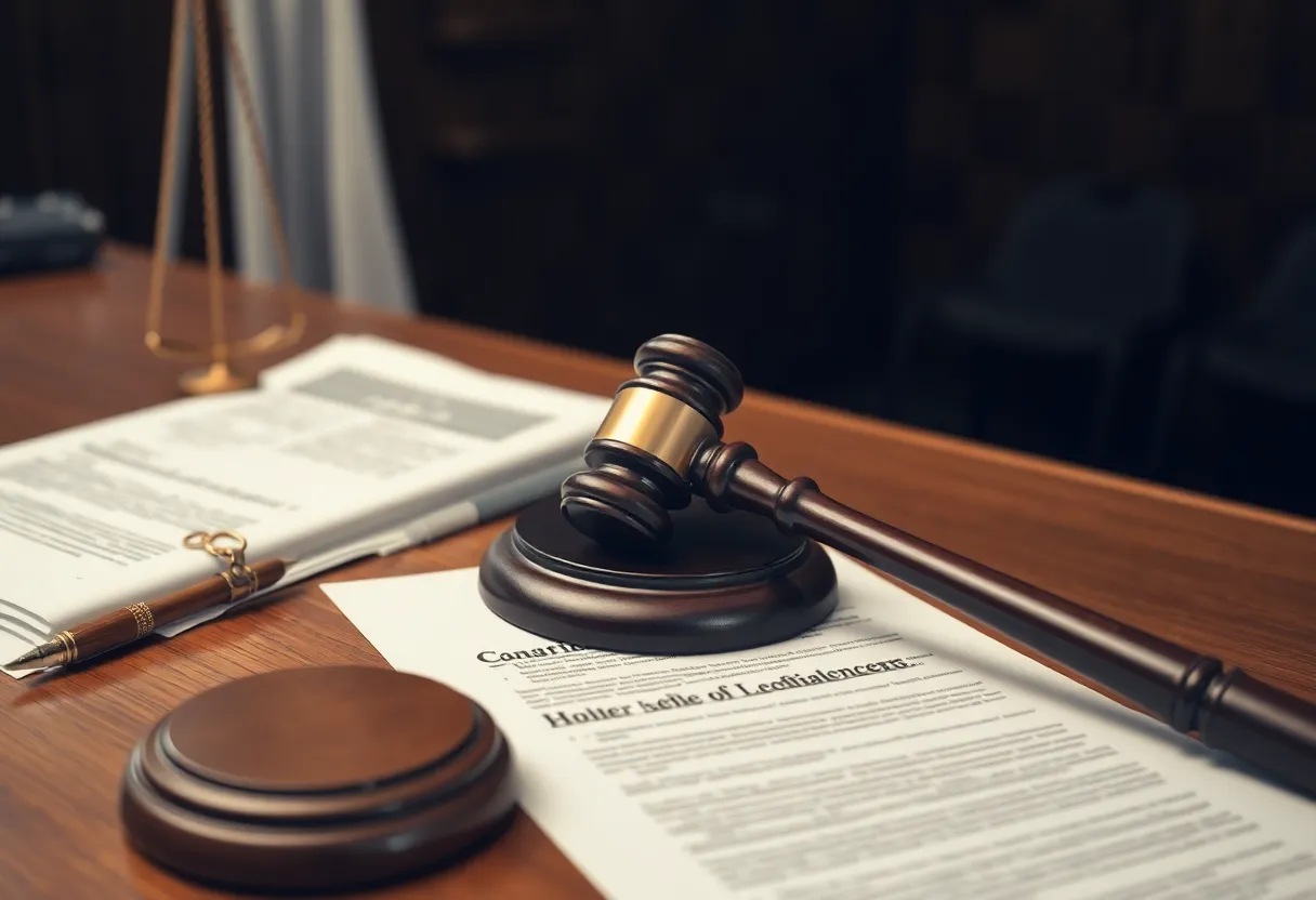 Courtroom scene with legal documents and gavel