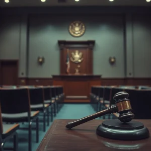 A quiet courtroom symbolizing the themes of domestic violence and mental health struggles.