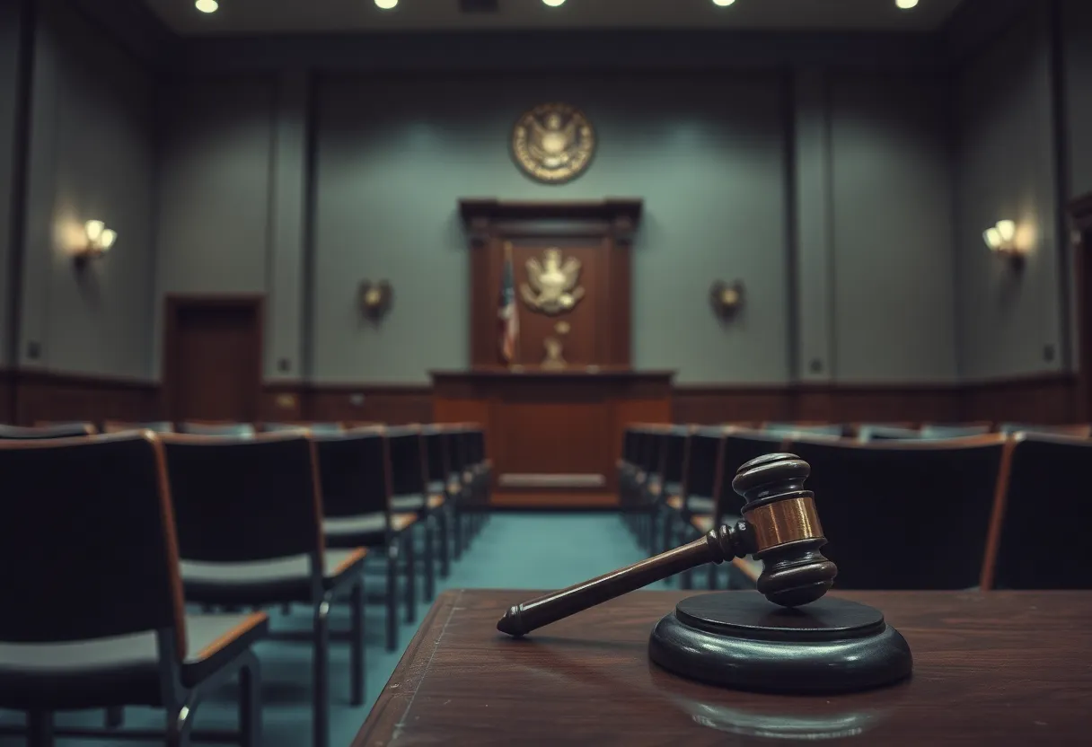 A quiet courtroom symbolizing the themes of domestic violence and mental health struggles.