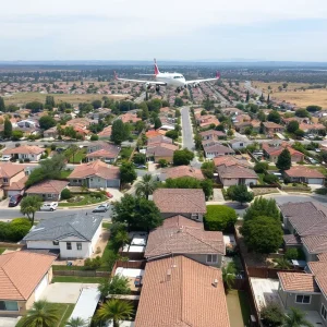 Airplane flying over Southern California neighborhoods