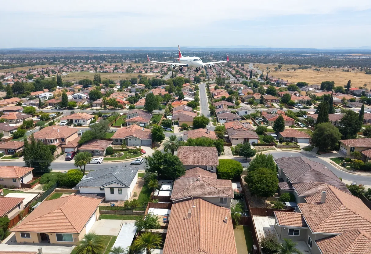 Airplane flying over Southern California neighborhoods