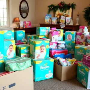 Community donation drive with diapers and baby supplies