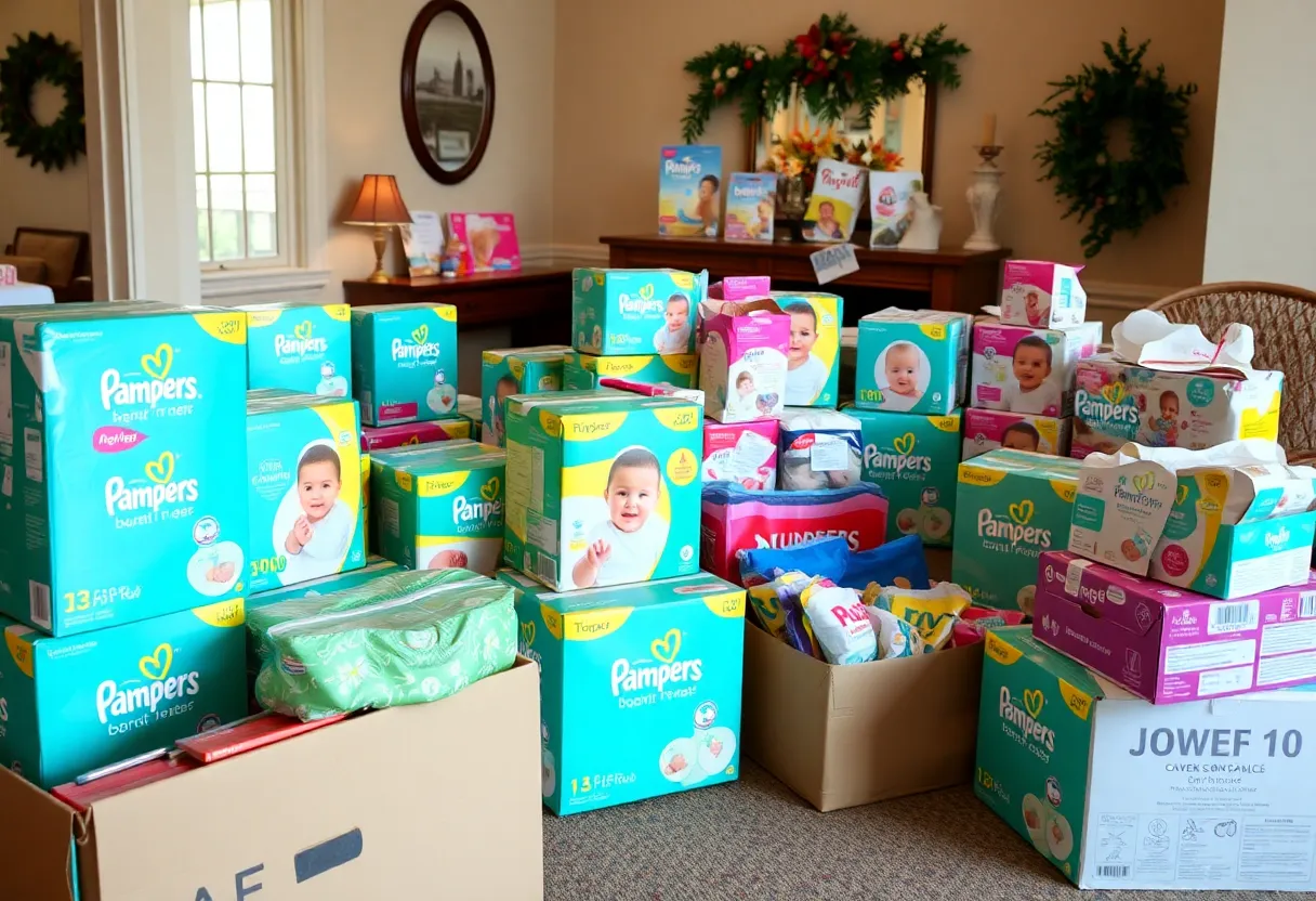 Community donation drive with diapers and baby supplies