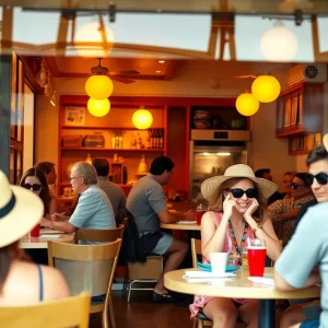 Customers dining at El Pollo Loco during summer heat
