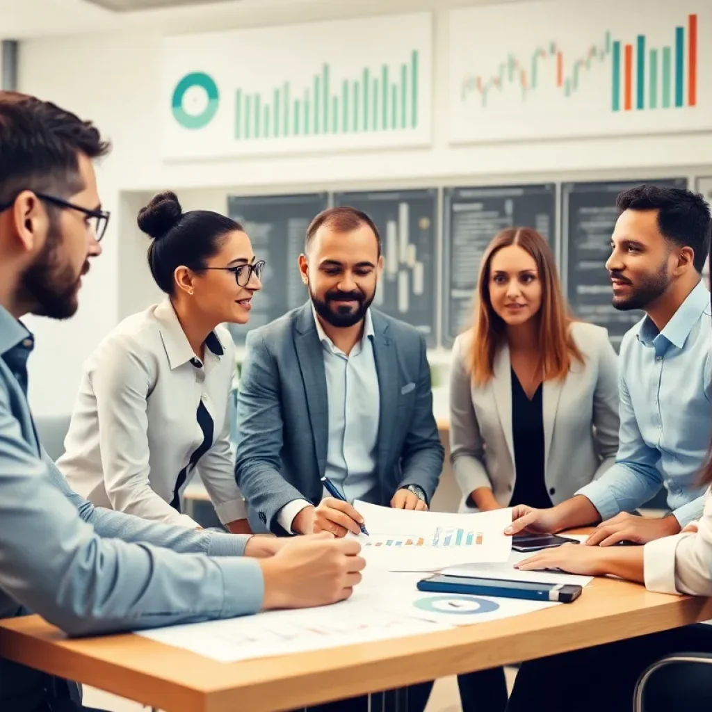Team brainstorming in a financial consulting office setting