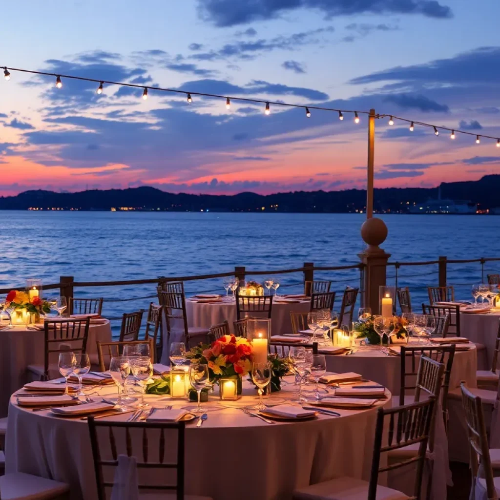 Fundraising dinner setup by Newport Bay during sunset