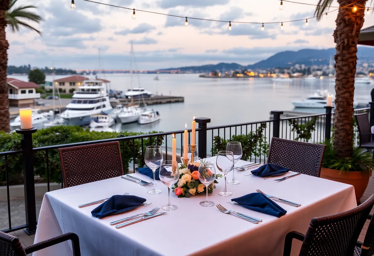 Outdoor dinner setup at Newport Bay with scenic views.