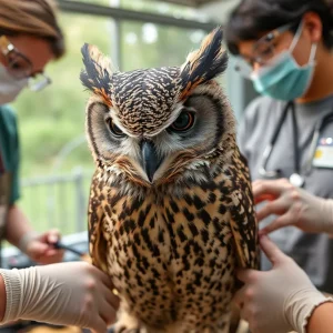 Rescued great horned owl in rehabilitation center