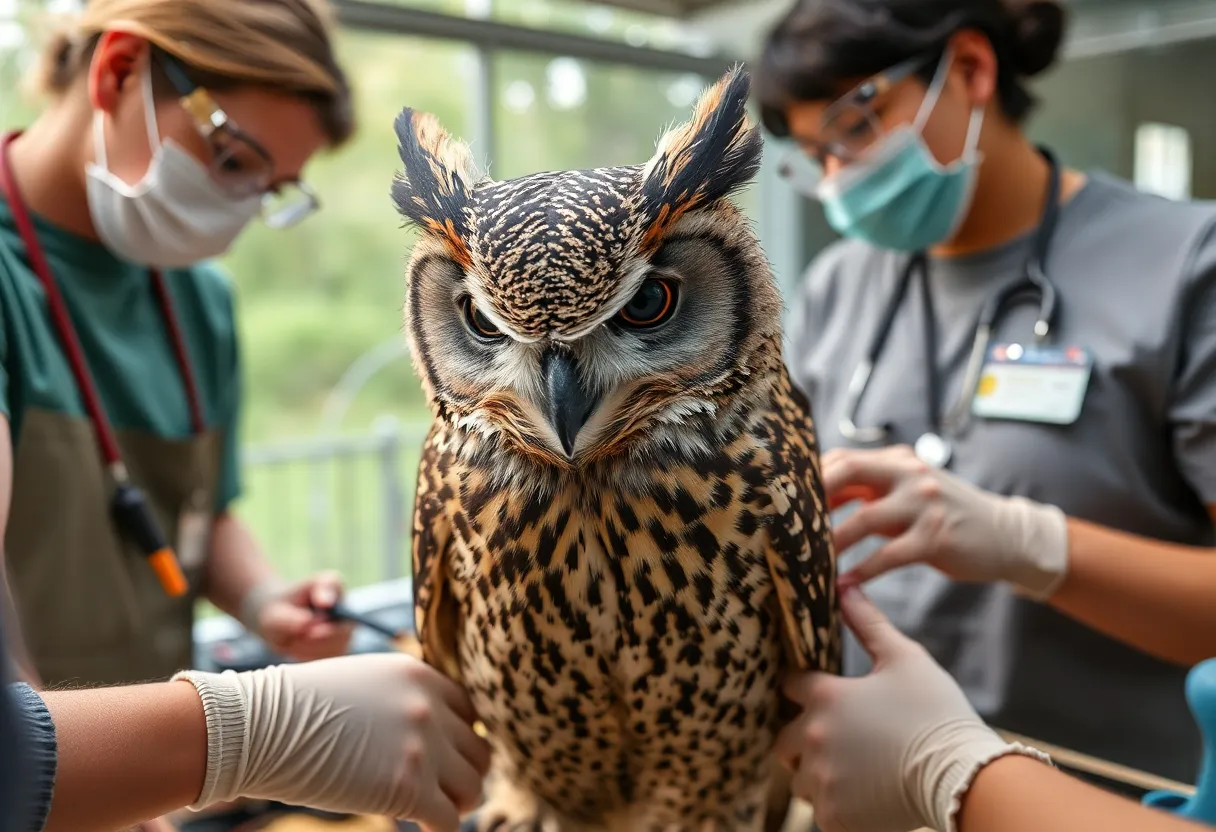 Rescued great horned owl in rehabilitation center