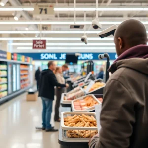 Self-checkout area in a grocery store