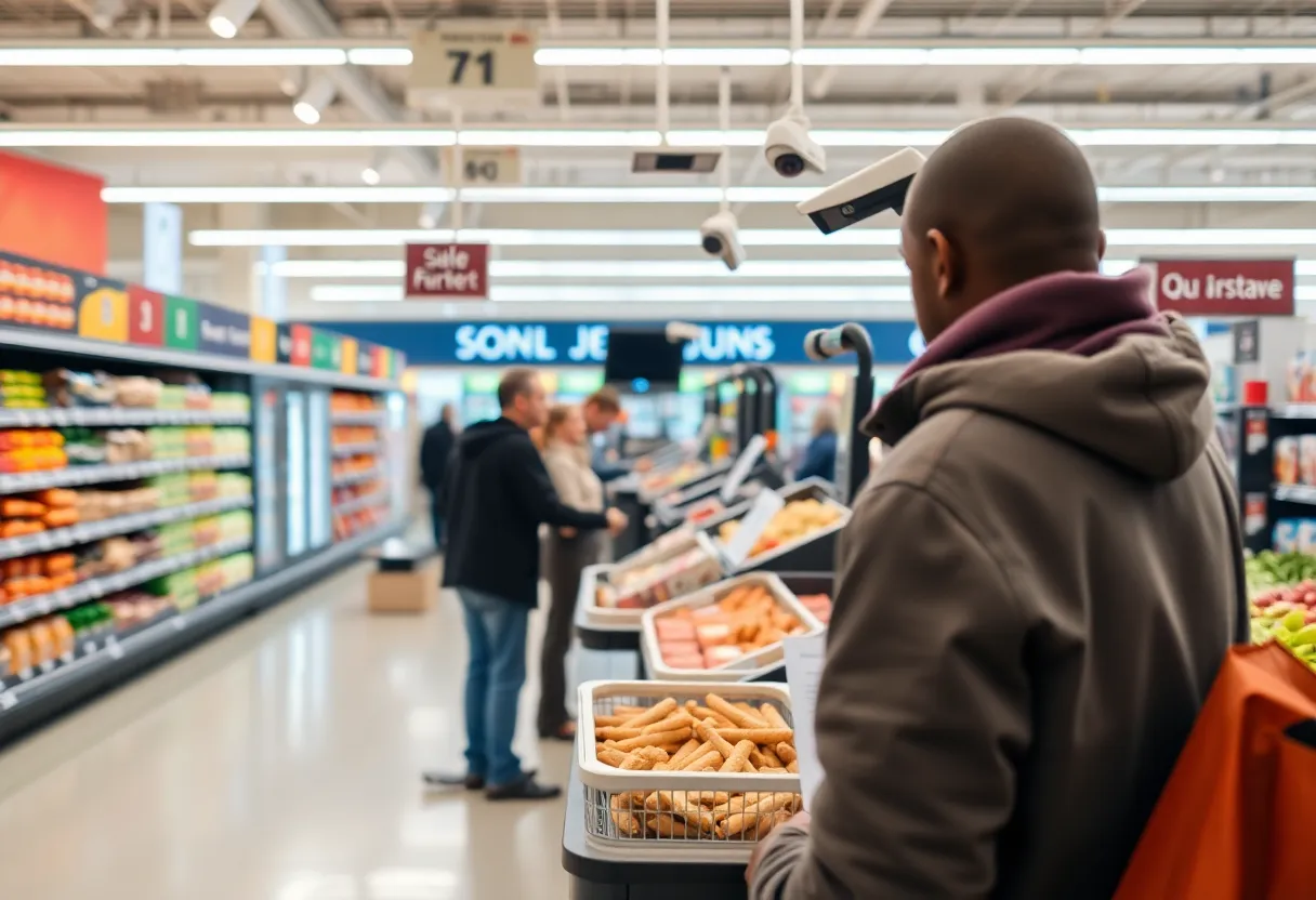 Self-checkout area in a grocery store