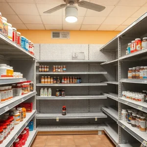 Interior of a grocery store with empty shelves