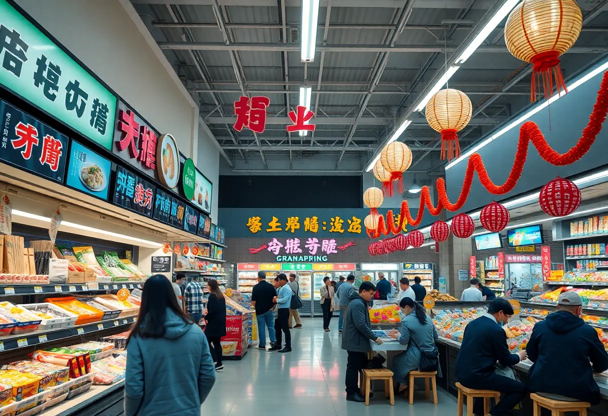 Inside view of the new H Mart store in Westminster filled with shoppers and food displays.