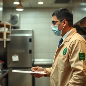 Health inspector checking cleanliness in a restaurant kitchen