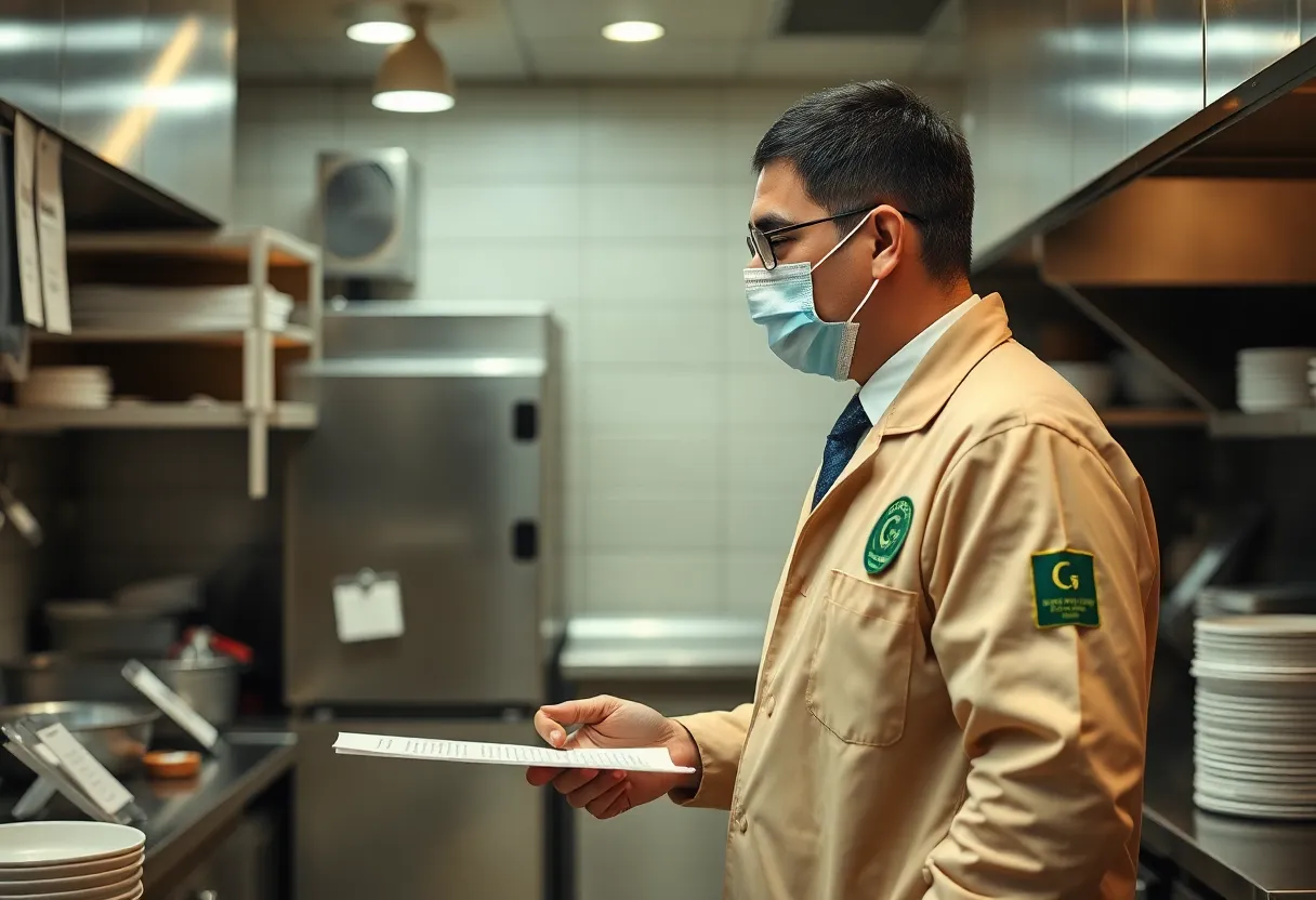 Health inspector checking cleanliness in a restaurant kitchen