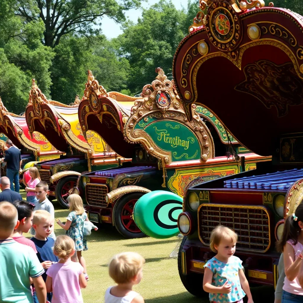 Crowd at Hearse-a-palooza event with unique hearses on display