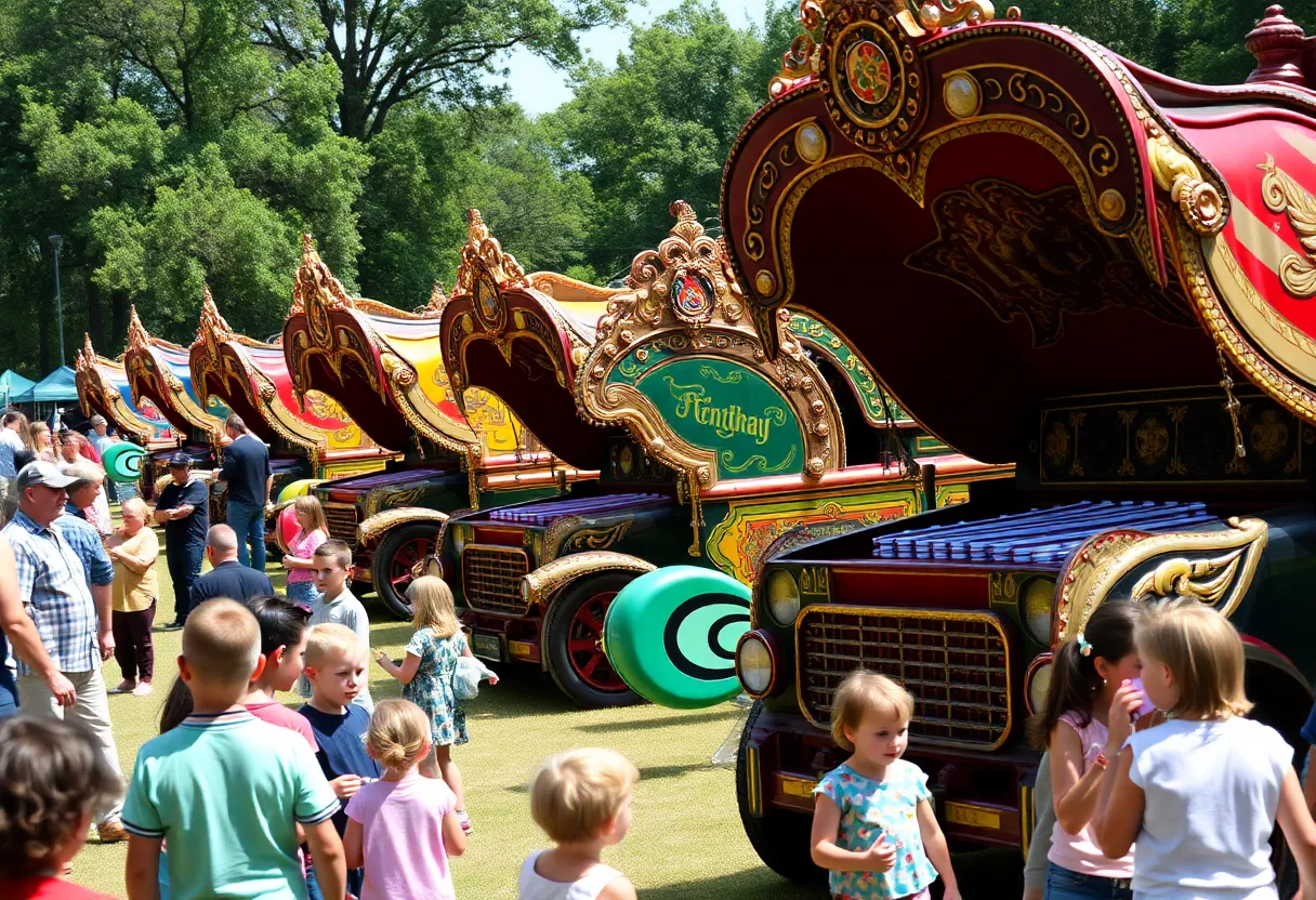 Crowd at Hearse-a-palooza event with unique hearses on display