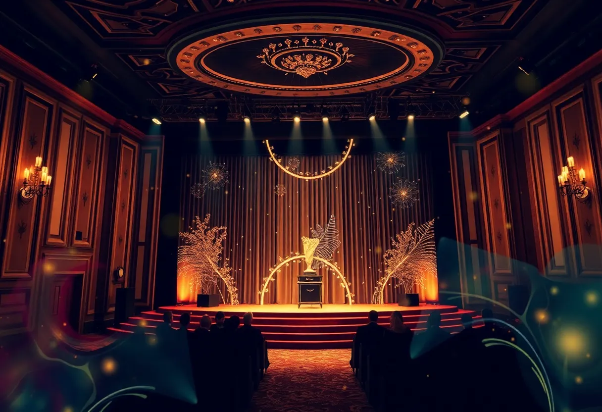 An artistic representation of an awards ceremony celebrating arts and culture.
